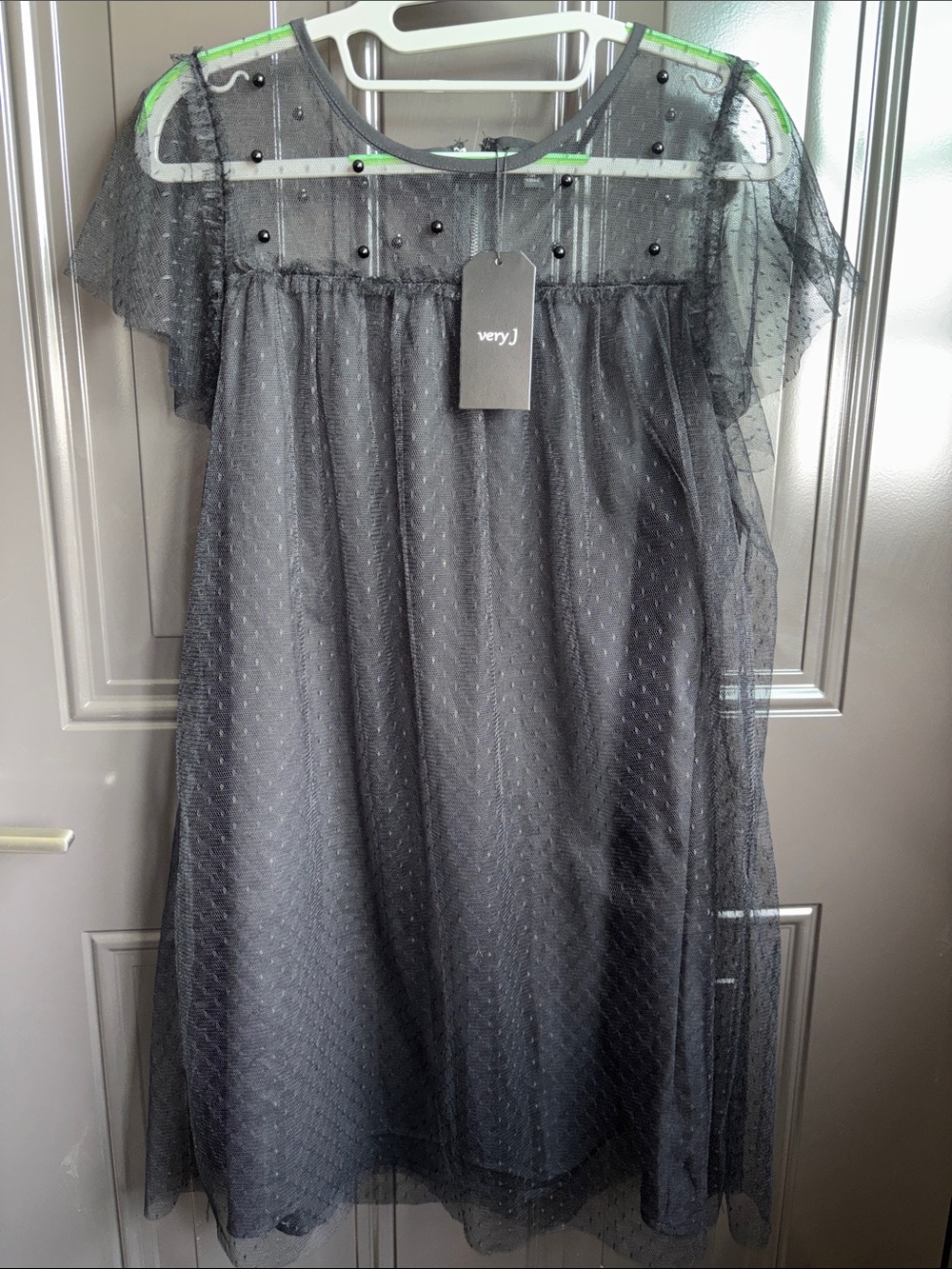 Very J Black Sheer Dot Overlay  Midi dress  with Pearl Details